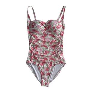 NWT Betsey Johnson Floral One-Piece Swimsuit L Sweetheart Neck Ruched Bandeau
